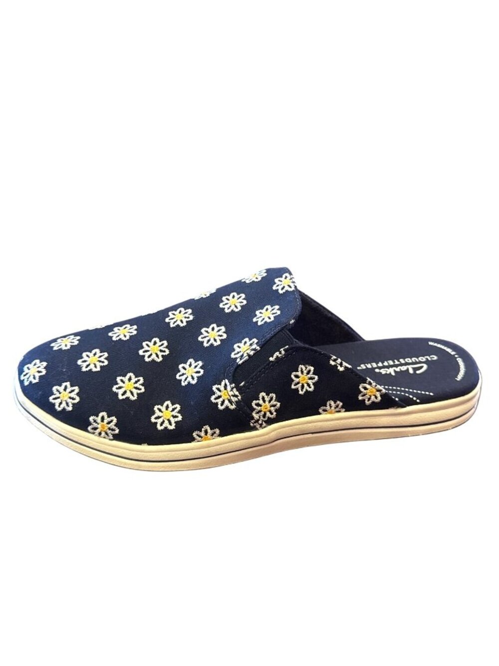 Clarks Cloudsteppers Breeze Shore Canvas Mules Navy Floral Slip On Shoes Size 11